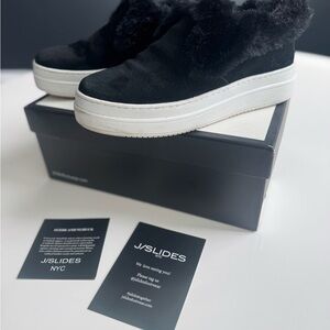 J/SLIDES Black Faux-Fur Platform Slip-On Sneakers with White Sole